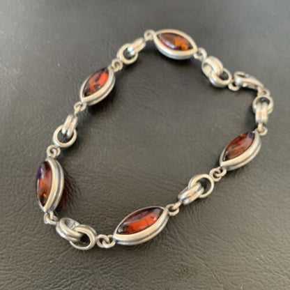Navajo Deep Gold Amber Link Bracelet | Sterling Silver | 8.25" | Authentic Native American Handmade | 12656