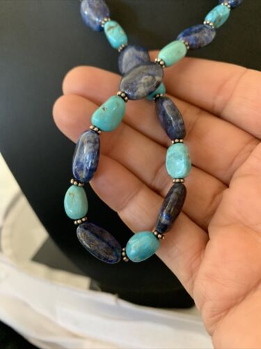 Navajo Denim Lapis & Turquoise Beads Necklace | Sterling Silver | Authentic Native American Handmade | 20" | 01038