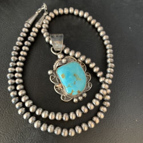 Men's Blue Kingman Turquoise Necklace Pendant | Sterling Silver Navajo Pearls | 13764