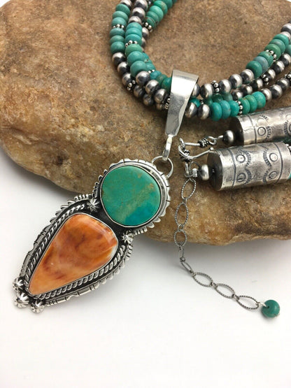 Navajo Kingman Turquoise & Spiny Oyster Necklace Pendant | Sterling Silver | 21" | Multi-Stone 2861