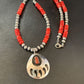 Navajo Bear Paw Red Coral Pendant Necklace | Sterling Silver | Authentic Native American Handmade | 11695