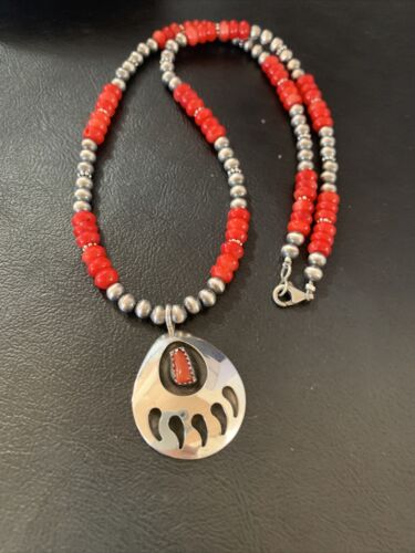 Navajo Bear Paw Red Coral Pendant Necklace | Sterling Silver | Authentic Native American Handmade | 11695