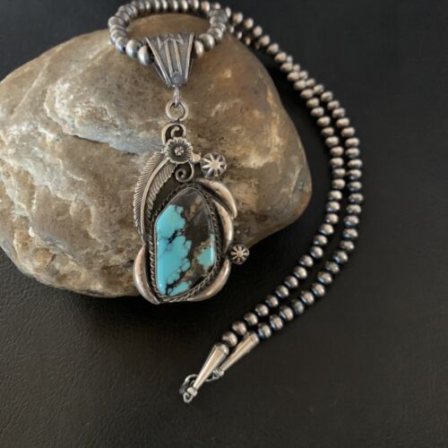 Navajo Pearl Necklace with Blue Spiderweb Turquoise Pendant | Sterling Silver | Native American Handmade | 13258