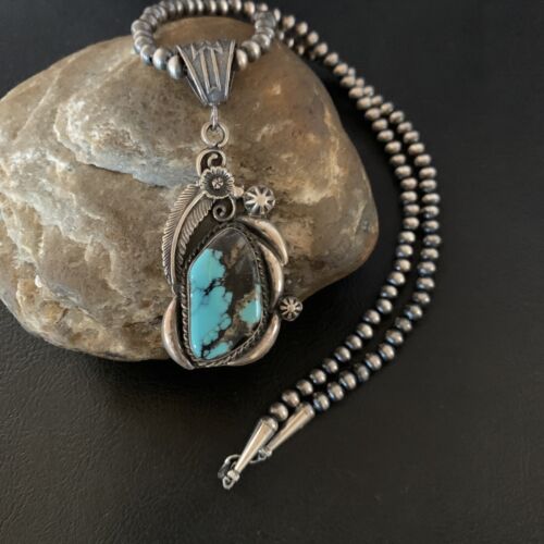 Womens Navajo Pearl Sterling Blue Spider Turquoise Necklace Pendant 13258