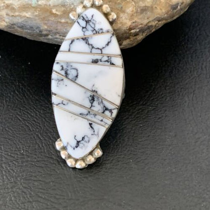 Navajo White Buffalo Turquoise Inlay Ring | Sterling Silver | Sz 7 | Authentic Native American Handmade | 12175 - Masha USA