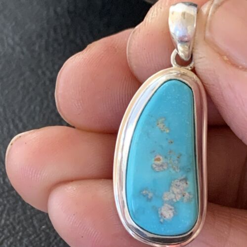 Navajo Blue Bisbee Turquoise Pendant | Sterling Silver | 1" | Authentic Native American Handmade | 1627