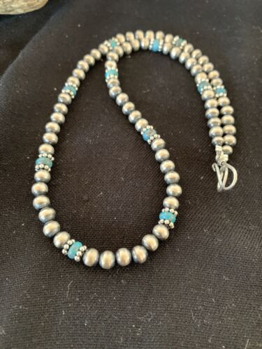 Authentic Native American Navajo Pearls Blue Turquoise Necklace | Sterling Silver Beads | Single Strand | 19" | 227