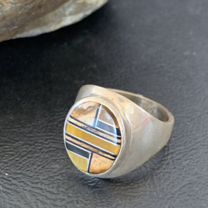 Men's Navajo Black Onyx & Tigers Eye Inlay Sterling Silver Ring | Sz 10 | Handmade Jewelry | 10730
