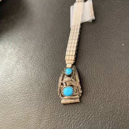 Navajo Sterling Silver Watch Tips | Old Pawn Blue Turquoise Band | Authentic Native American Jewelry | 1638