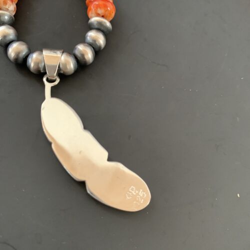 Navajo Pearls Sterling Silver Necklace | Orange Spiny Oyster Inlay Pendant | Authentic Native American Handmade | 11316