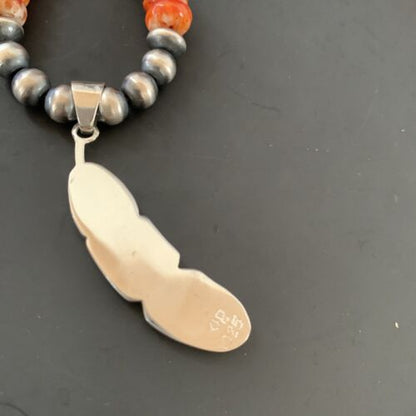 Navajo Pearl Sterling Silver Necklace | Orange Spiny Oyster Opal Leaf Inlay Pendant | Native American Handmade | 11347