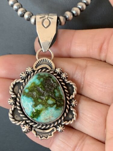Navajo Green Sonoran Gold Turquoise Pendant | Sterling Silver | Authentic Native American Handmade | 687