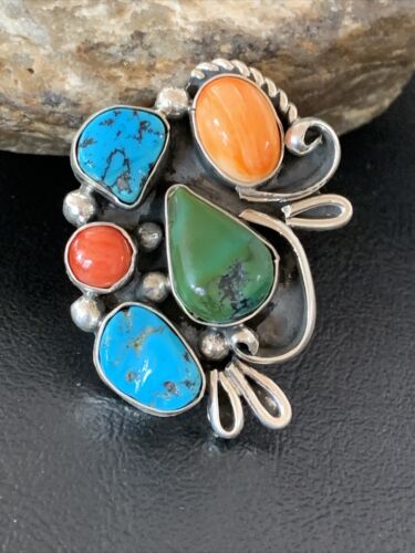 Native American Navajo Sterling Silver Ring | Blue Turquoise & Spiny Oyster | Multi-Stone | Sz 9.5 | 02160