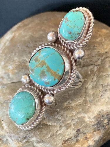 Navajo Sterling Silver Blue Turquoise Ring | 3-Stone | Sz 9 | Native American Handmade | 13615