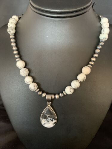 Men's Navajo White Buffalo Turquoise Pendant Necklace | Sterling Silver | Authentic Native American Handmade | 13833