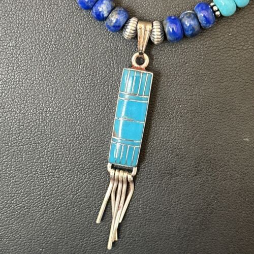 Navajo Blue Turquoise Lapis Necklace Inlay Pendant | Sterling Silver | Authentic Native American Handmade | 14637