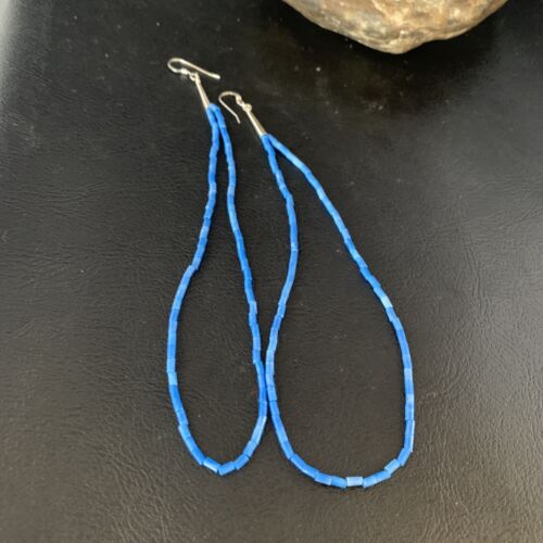 Handmade Silver Heishi Beads Blue Denim Lapis Earrings | Sterling Silver | 5" | 13505