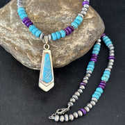 Navajo Blue Turquoise Sugilite Pendant | Sterling Silver Inlay Necklace | Authentic Native American Handmade | 14641