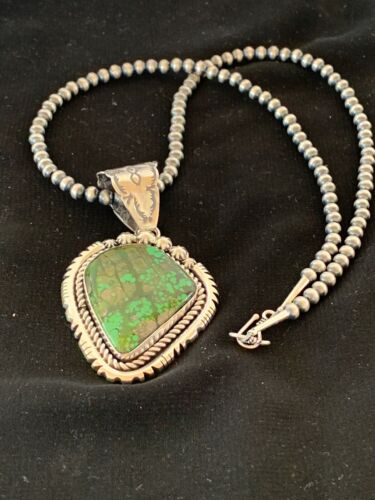 Navajo Pearls Necklace with Green Spiderweb Turquoise Pendant | Sterling Silver | Native American Handmade | 2984
