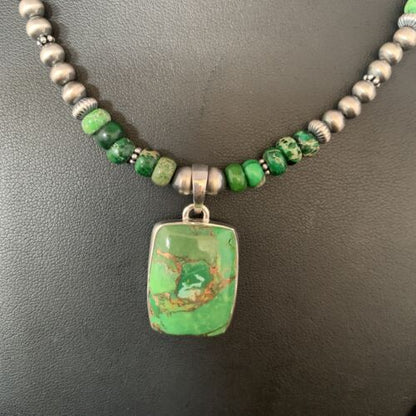 Navajo Pearls Green Mojave Turquoise Pendant Necklace | Sterling Silver | Native American Handmade | 13465
