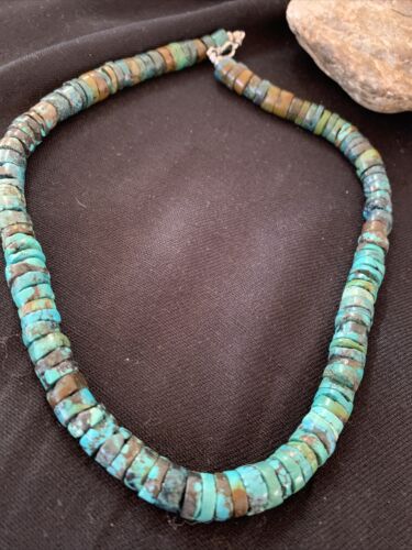 Native American Blue Green Turquoise Heishi Necklace | 9mm | Sterling Silver | 20" | 876 - Masha USA