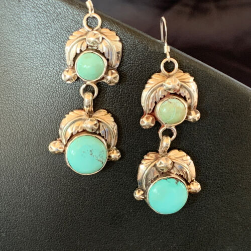 Navajo Blue Green Dry Creek Turquoise Dangle Earrings | Sterling Silver | Authentic Native American Handmade | 1485
