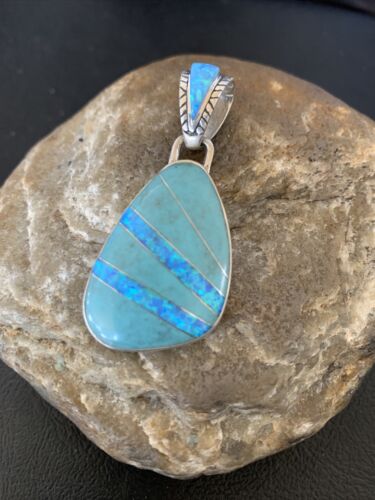 Men's Women's Navajo Blue Turquoise Opal Inlay Pendant | Sterling Silver | Native American Handmade | 12490