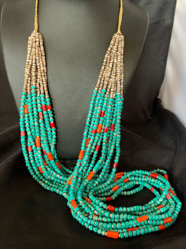 Southwestern Santo Domingo Coral Spiny Blue Turquoise Necklace | 38" | Authentic Native American Handmade | 12050