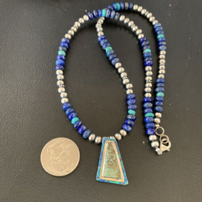 Navajo Men's Pendant | Blue Lapis Turquoise Opal Inlay | Sterling Silver Necklace | 22" | 13356