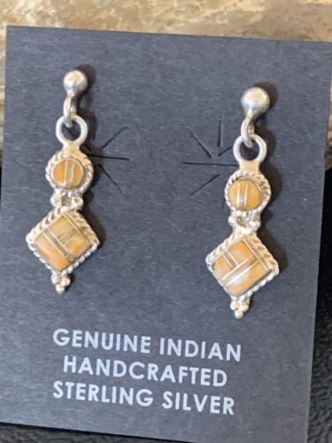 Minimalist Dangle Inlay Navajo Sterling Silver Orange Spiny Oyster Earrings | Handmade | 12679