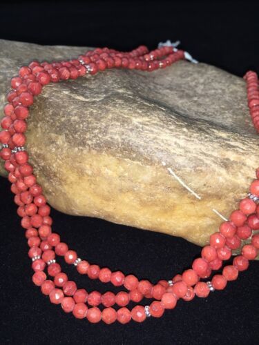Southwestern Navajo Faceted Red Coral Bead Necklace | Sterling Silver | Authentic Native American Handmade | 01819