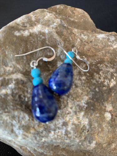 Navajo Lapis Lazuli Turquoise Bead Dangle Earrings | Sterling Silver | Authentic Native American Handmade | 1541