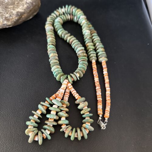 Santo Domingo Green Turquoise & Spiny Oyster Jacla Necklace | Sterling Silver | 26" | 14731