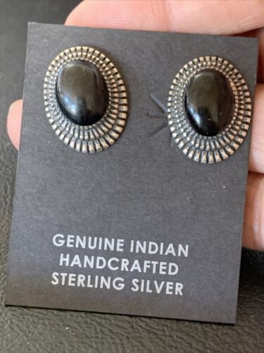 Navajo Black Onyx Stud Post Earrings | Sterling Silver | 0.5" | Authentic Native American Handmade | 12643