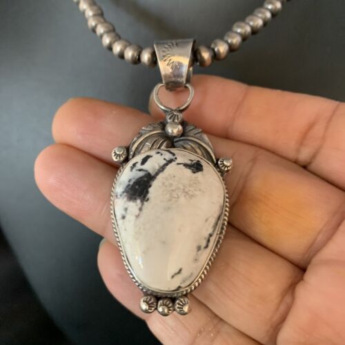 Men's Navajo Pearl White Buffalo Turquoise Necklace Pendant | Sterling Silver | Native American | 13739