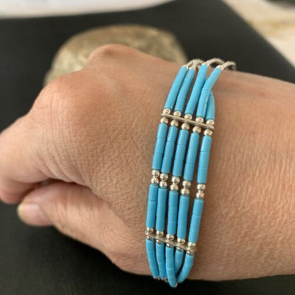 Navajo Blue Turquoise Heishi Bracelet | Sterling Silver | 5-Strand | 8" | Authentic Native American Handmade | 2177
