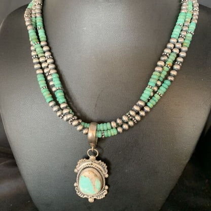 Navajo Royston Turquoise Pendant | Sterling Silver | 3-Strand Spiny Necklace | Authentic Native American Handmade | 01676