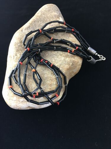 Navajo Black Onyx Coral Turquoise Bead Necklace | 5 Strand Sterling Silver | 19" | 10038