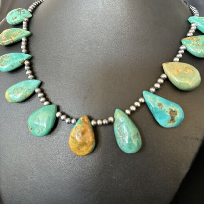 Southwestern Navajo Pearls Necklace | Sterling Silver | Blue Turquoise Teardrop | 14300