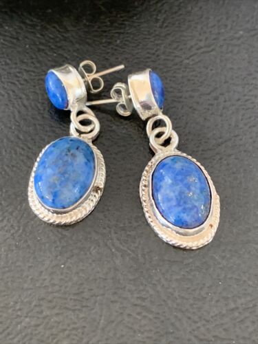 Navajo Denim Lapis Dangle Earrings | Sterling Silver | 1.1" | Authentic Native American Handmade | 1706