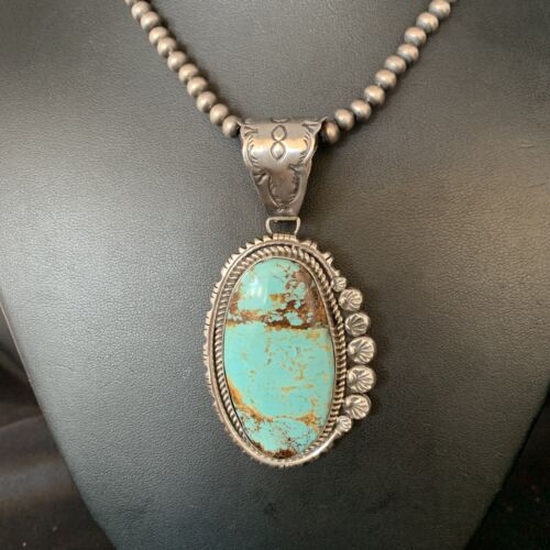 Navajo Pearls Sterling Silver Necklace with Blue #8 Turquoise Pendant | 3" | Authentic Native American Handmade | 13937 - Masha USA
