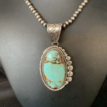 Navajo Pearls Sterling Silver Necklace with Blue #8 Turquoise Pendant | 3" | Authentic Native American Handmade | 13937 - Masha USA