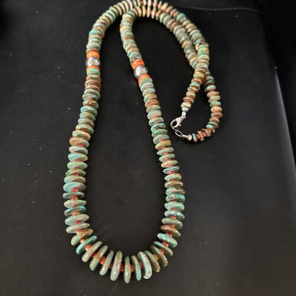 Turquoise Spiny Oyster Navajo Sterling Silver Necklace | Authentic Native American | 34" | 14364 Graduated