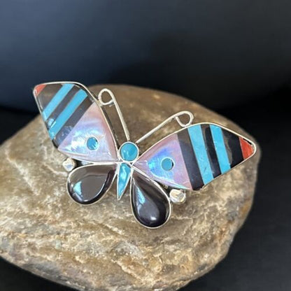 Zuni Butterfly Inlay Ring | Coral Turquoise Onyx Mother of Pearl | Sz 7 | Sterling Silver | 14435