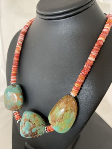 Chunky Turquoise and Red Spiny Oyster Necklace | Navajo Pearls | Sterling Silver | 22" | Native American Handmade | 1238 - Masha USA