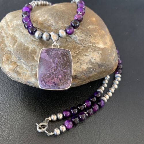 Navajo Pearls Purple Sugilite Onyx Necklace Pendant | Sterling Silver | Authentic Native American Handmade | 13395