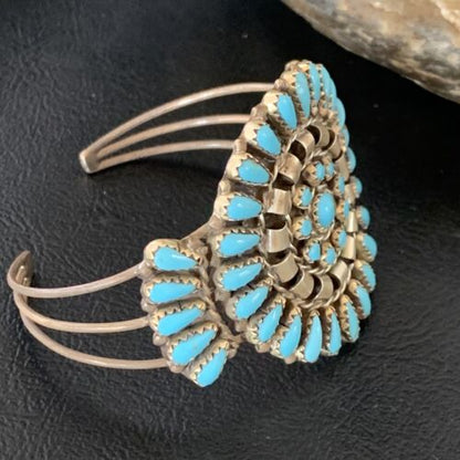 Navajo Old Pawn Zuni Blue Turquoise Cuff Bracelet | Sterling Silver | Authentic Native American Handmade | 12836