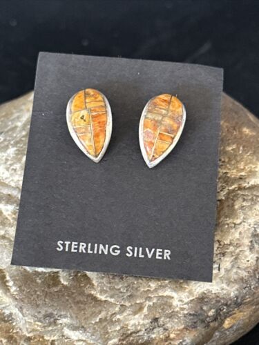 Navajo Orange Spiny Oyster Inlay Earrings | Sterling Silver | Authentic Native American Handmade | 14789
