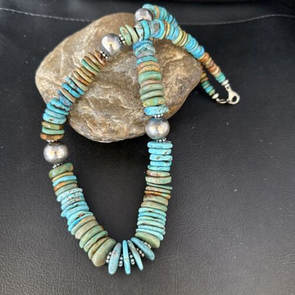 Navajo Blue Green Turquoise Bead Necklace | Sterling Silver | Authentic Native American | 20" | 14242