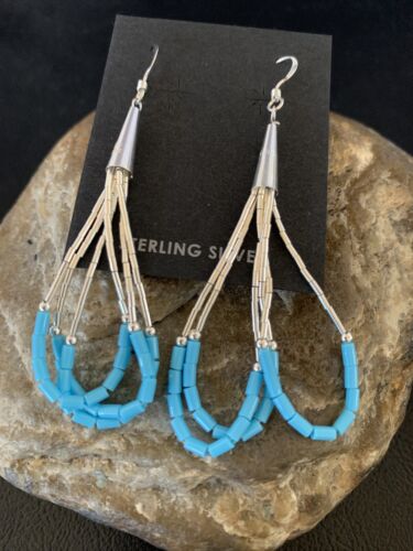 USA Liquid Silver Heishi Dangle Blue Turquoise Sterling Earrings 2” 13049